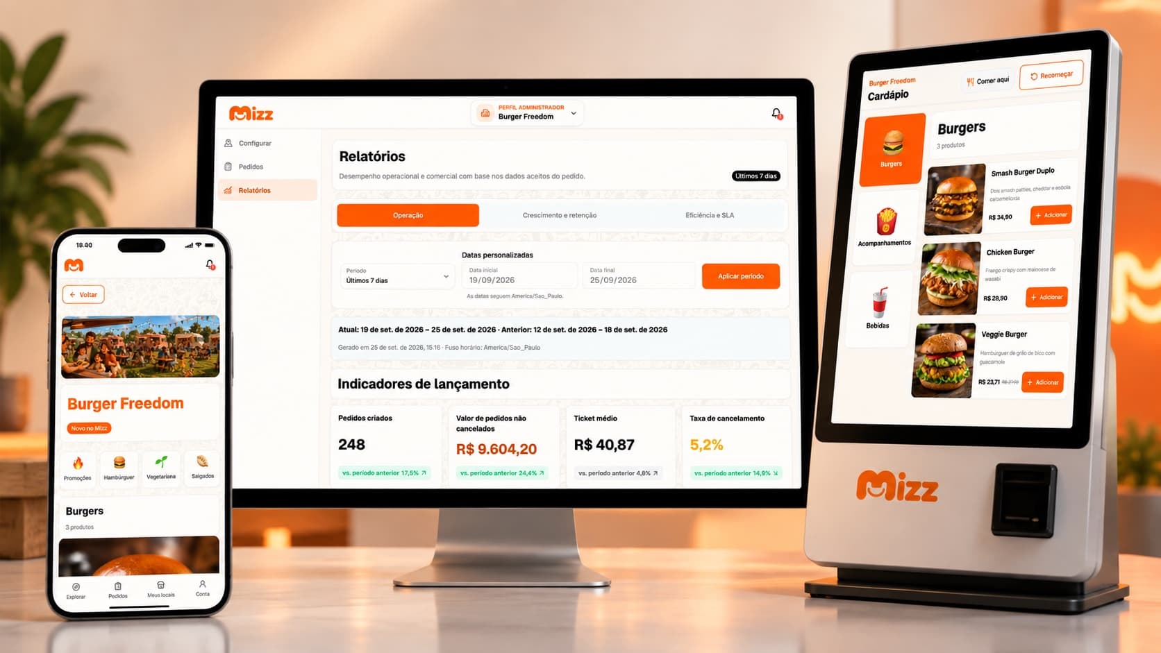 Mizz exibido em um celular, um painel de gestão e um terminal de autoatendimento